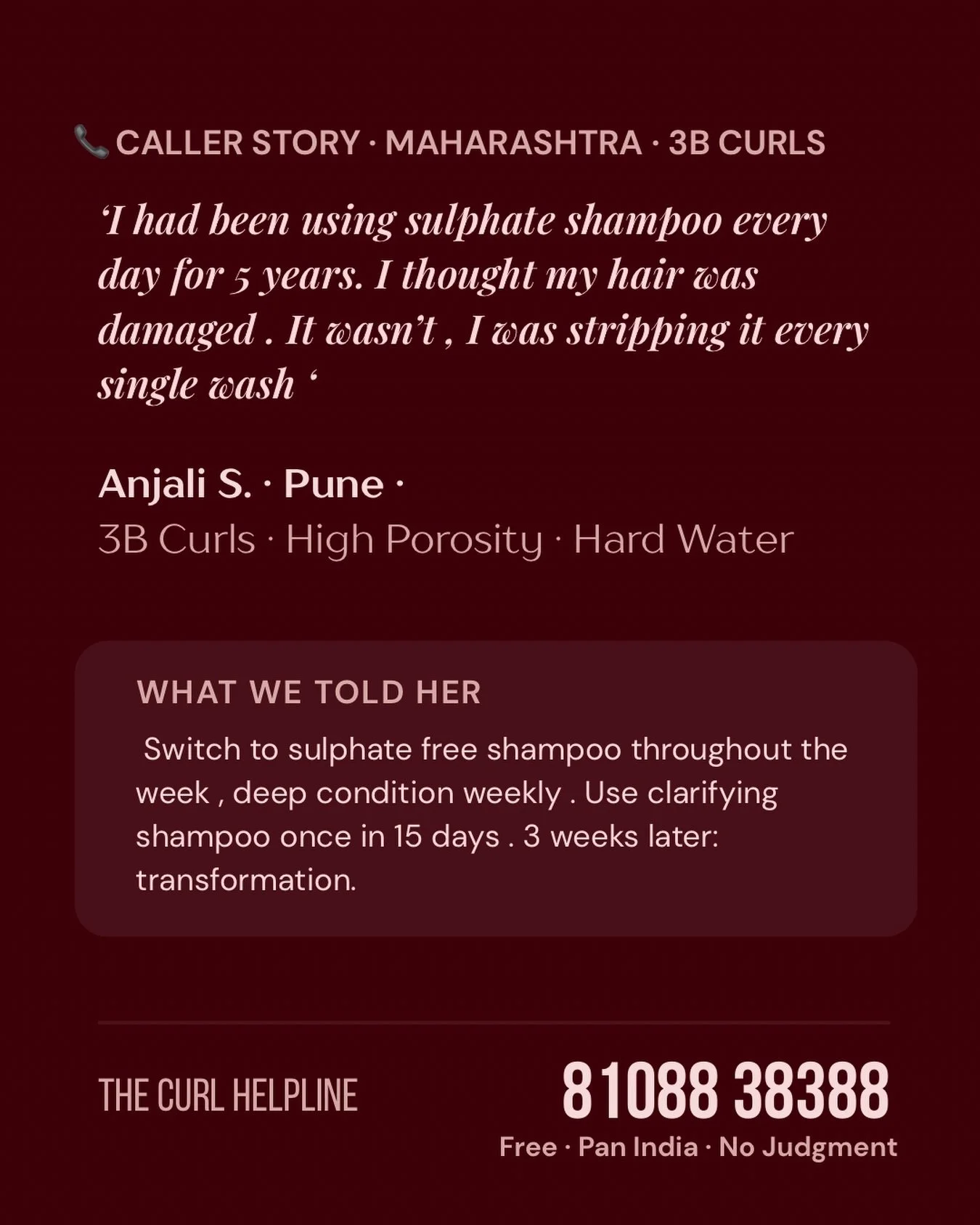 Client Stories ☎️

Simple tips and tricks that can completely change your hair health - free of cost | free of judgement 

Call us on 81088 38388 for Online Consultations 

#thecurlhelpline #onlinecurlconsultation