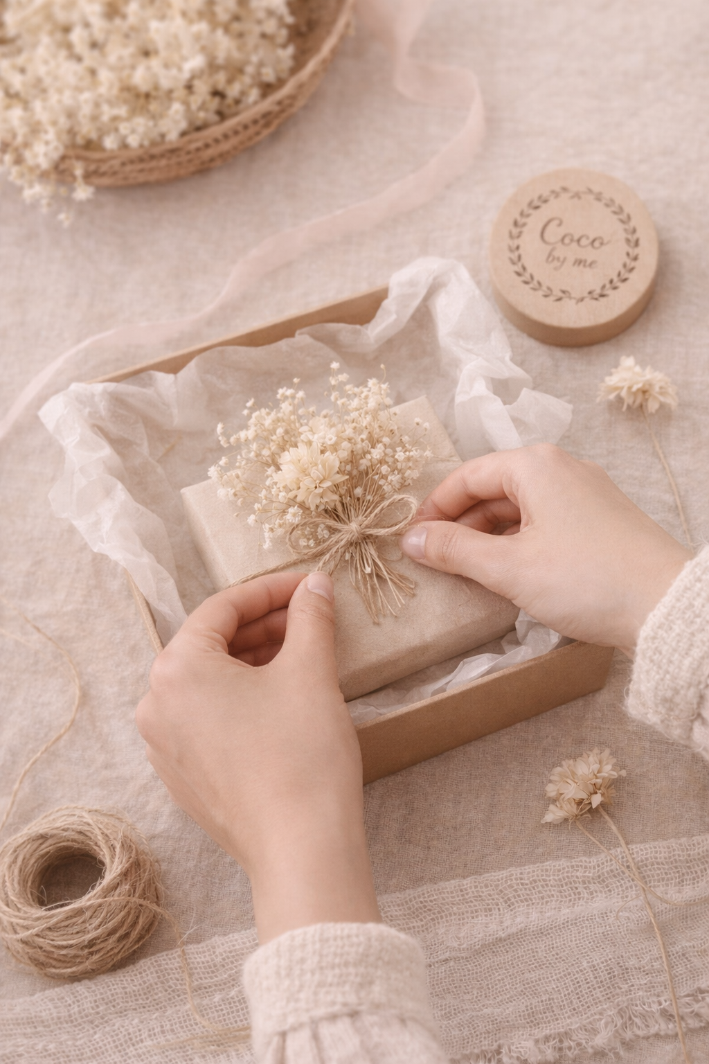 Personne préparant un cadeau avec un emballage beige, des fleurs séchées, des rubans et une boîte en carton, entourée de pelotes de corde et de fleurs séchées, sur une surface en tissu clair.