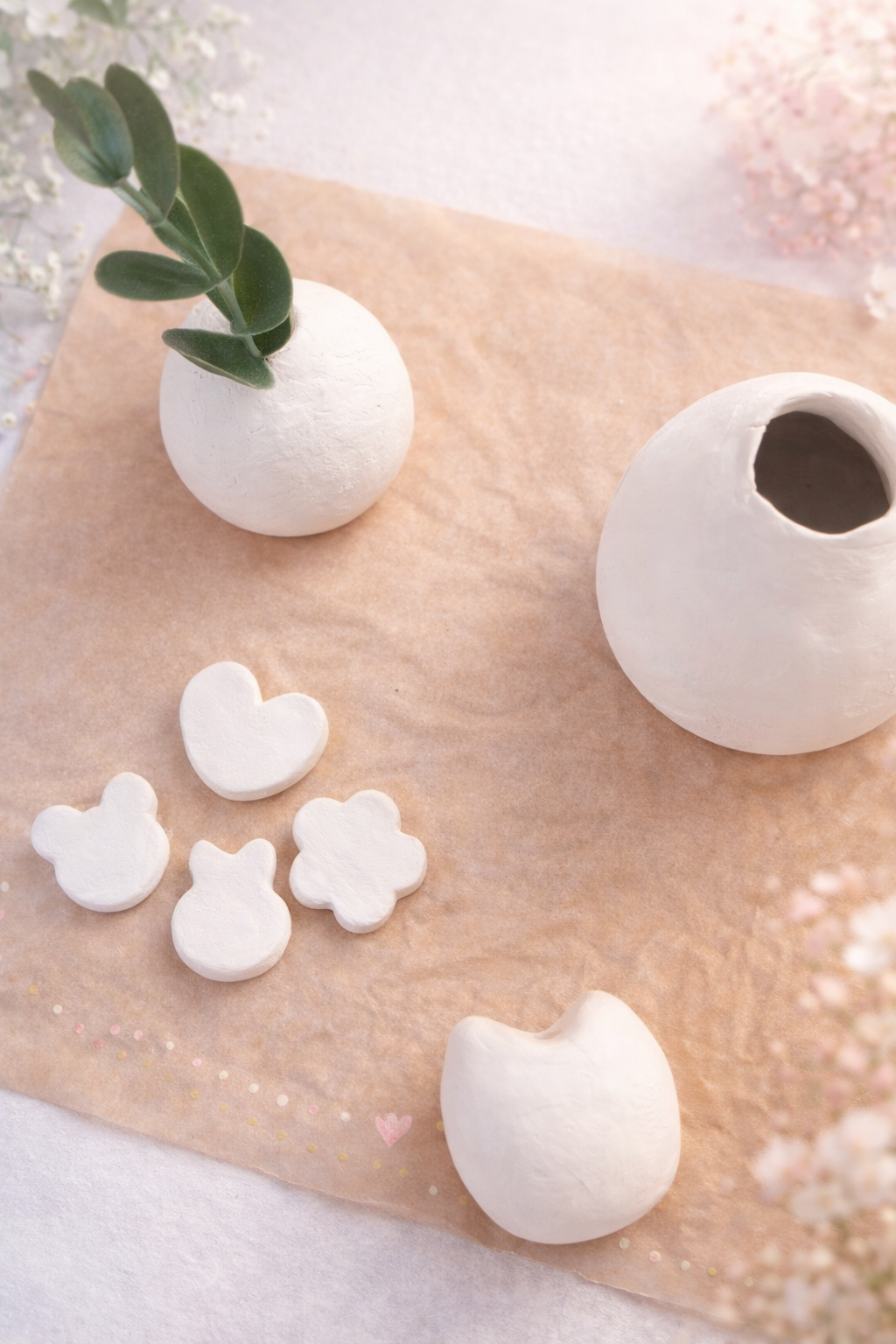 Vase blanc avec des feuilles vertes, poterie blanche sans motif, petites formes de cœurs et fleurs en blanc, décor floral rose en arrière-plan.