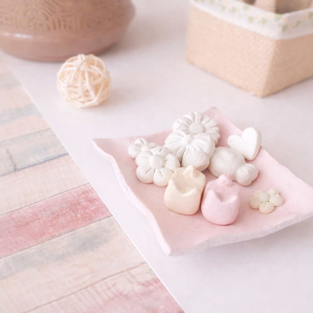 Une assiette rose contenant des bonbons blancs et roses en forme de fleurs, coeurs, et autres formes décoratives en argile.
