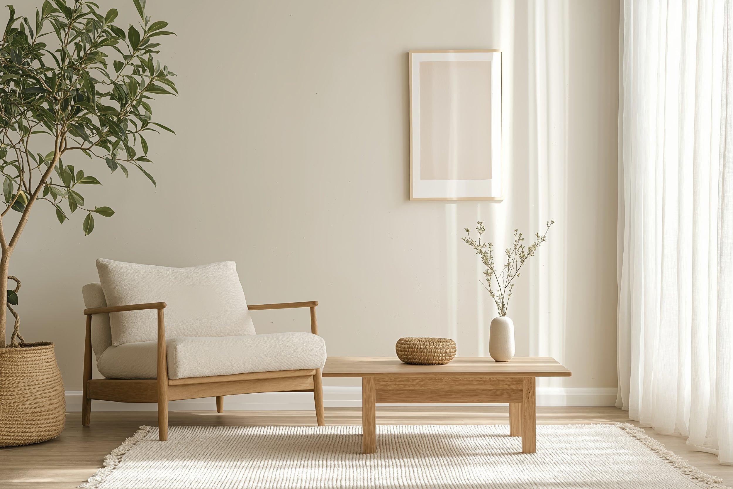 A bright and airy living room corner with a white armchair, a wooden coffee table, a large potted plant, woven basket, and a white vase with branches, all bathed in natural light from sheer white curtains.