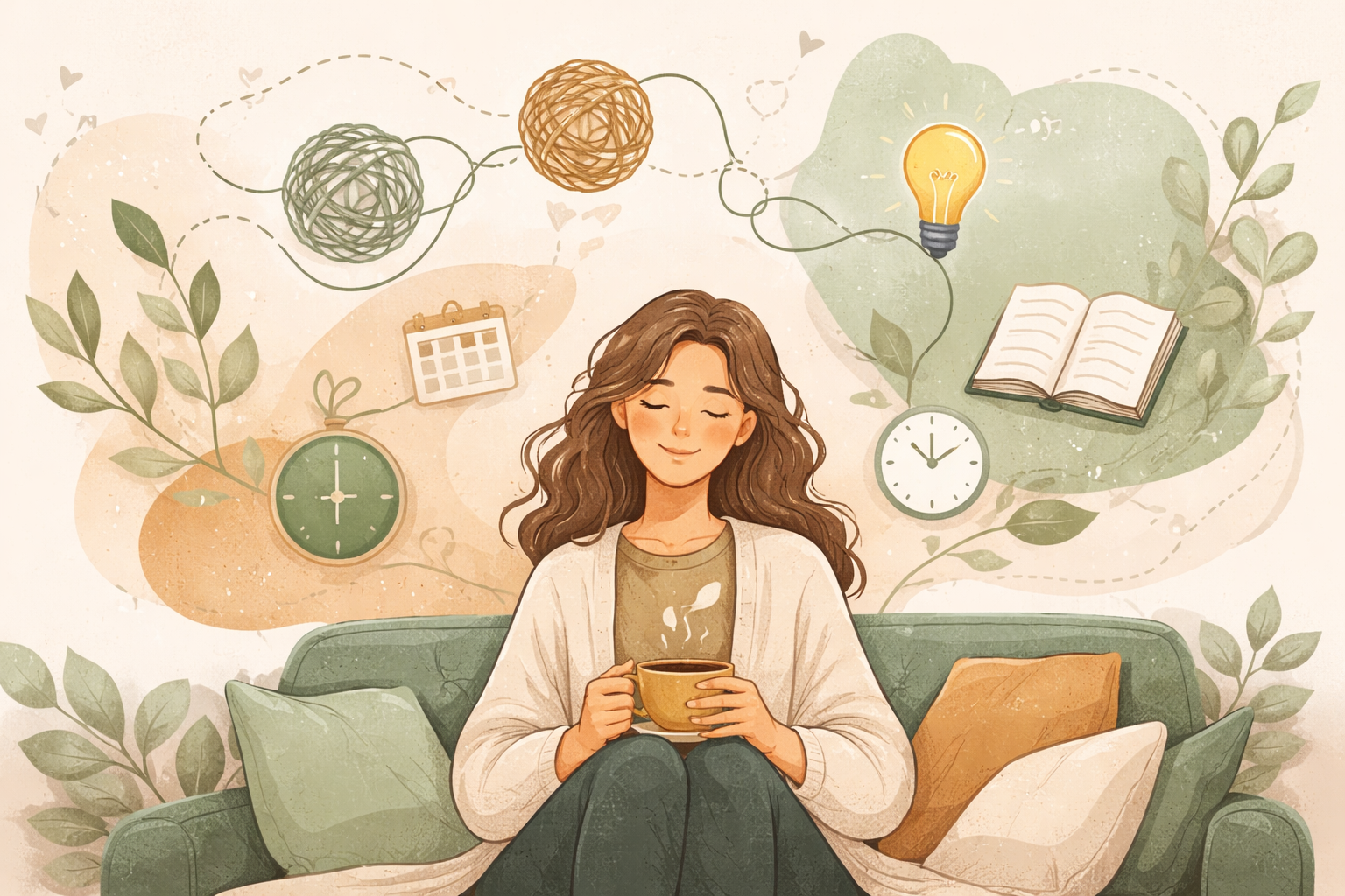 Zeichnung einer Frau mit geschlossenen Augen, die auf einem Sofa sitzt und eine Tasse Tee hält. Im Hintergrund sind Symbole wie Wollknäuel, Kalender, Wecker, Buch, Glühbirne, Uhr und Pflanzen. Die Atmosphäre wirkt entspannt und gemütlich.