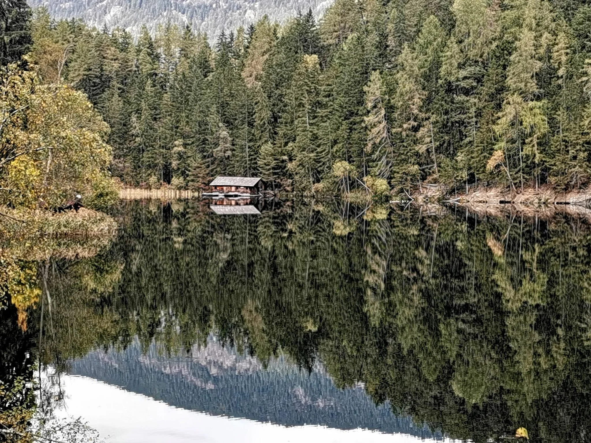 Ein ruhiger See im Wald mit reflektierenden Bäumen und einer kleinen Holzhütte am Ufer.