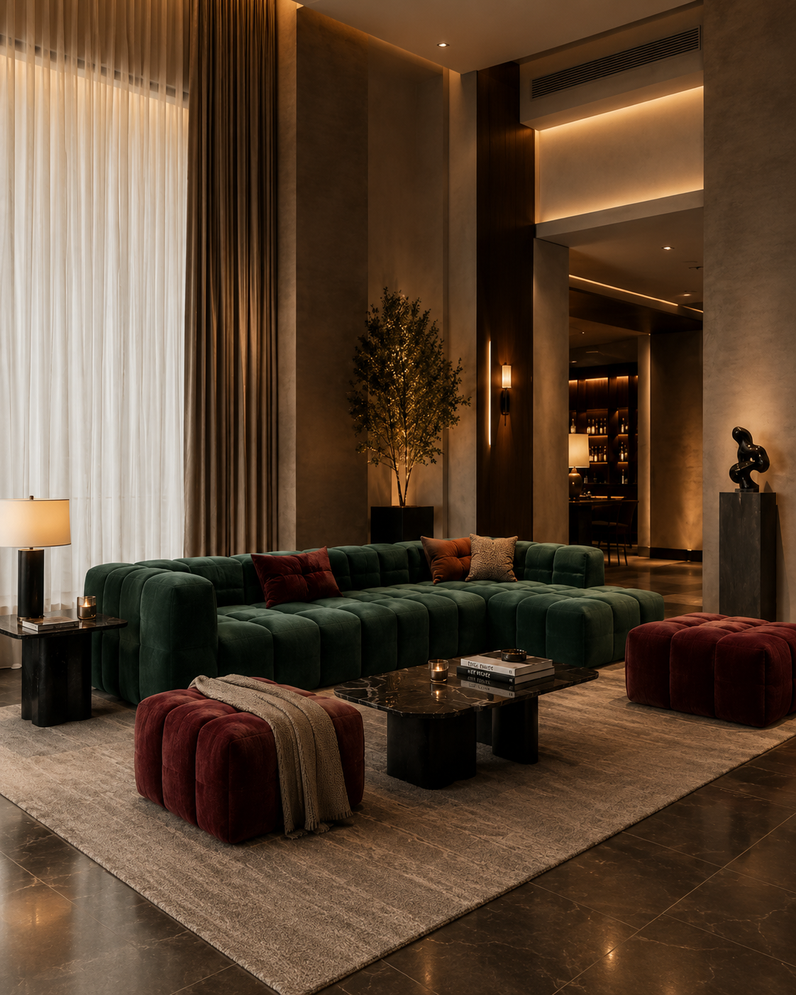 Soggiorno elegante con divano verde, pouf rossi, tavolino nero e lampade, in un ambiente moderno e sofisticato con luci soft e decorazioni artistiche.