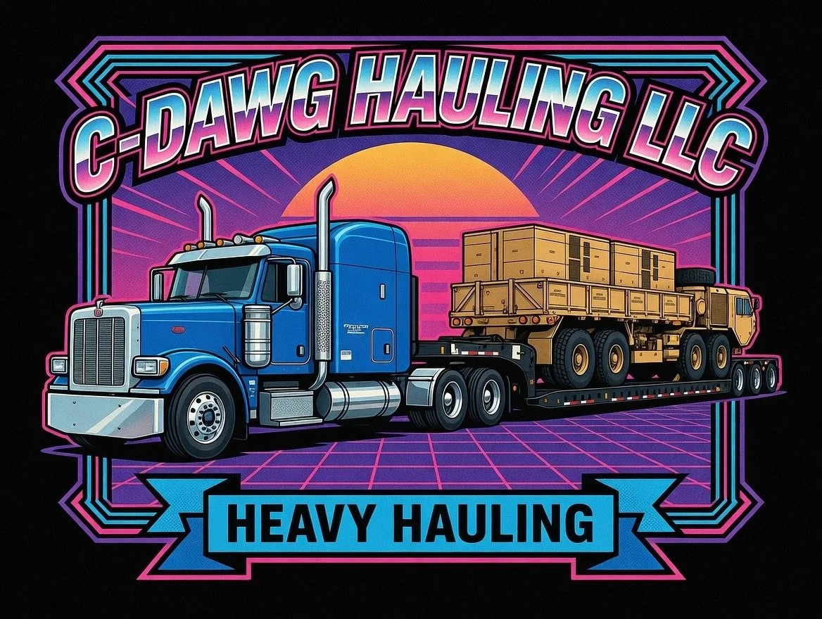 Illustration of a blue semi-truck carrying a flatbed trailer with boxes, set against a sunset background with neon grid and geometric border, with text 'C-Dawg Hauling LLC' at the top and 'Heavy Hauling' at the bottom.