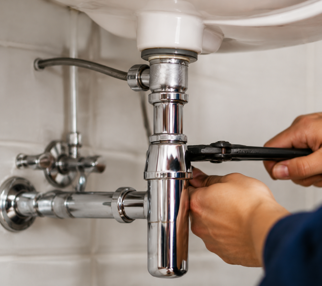 A person using a wrench to tighten plumbing pipes under a sink.