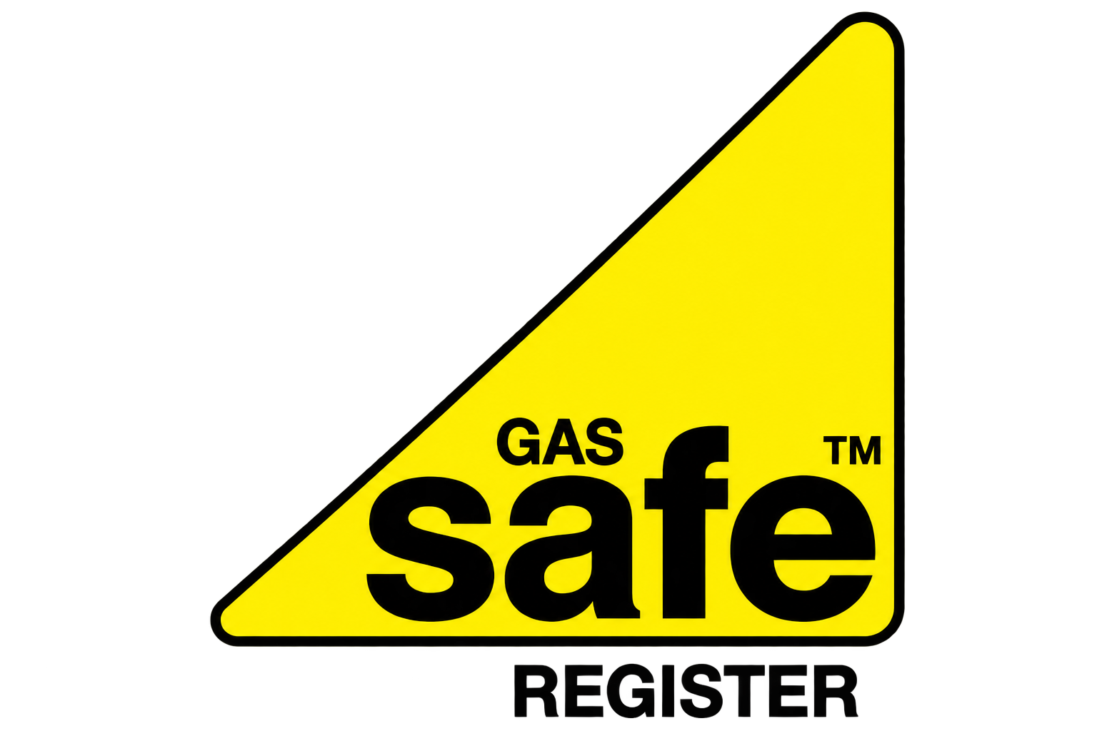 Yellow triangular sticker with black text saying 'GAS safe' and a trademark symbol.
