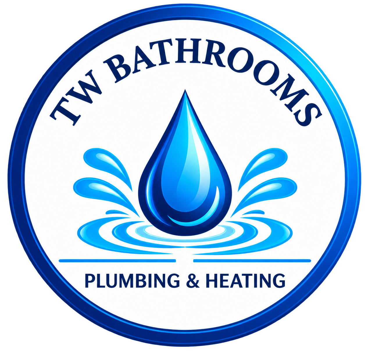 Logo for TW Bathroom Plumbing & Heating featuring a water droplet and water splash design in blue with text.