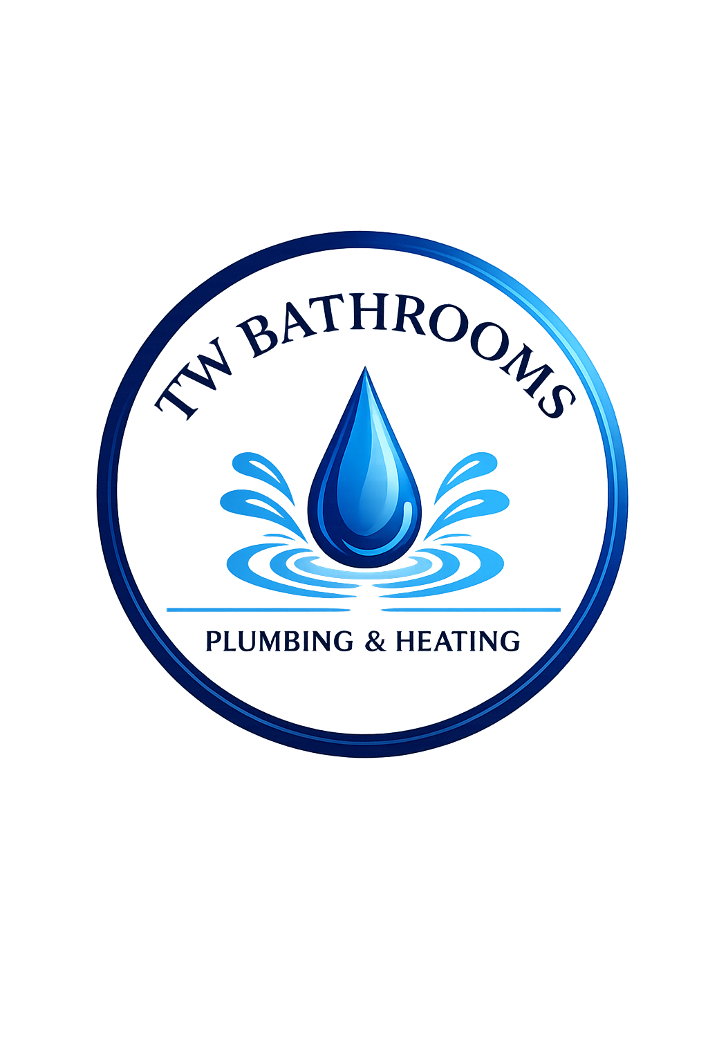 Logo for T.W. Bathrooms Plumbing & Heating, featuring a blue water droplet with water splashes, enclosed in a circular badge.
