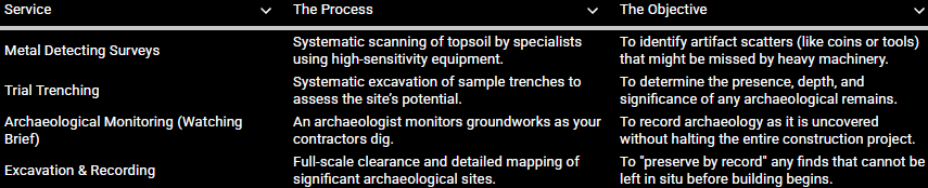 Table outlining archaeological survey methods, including Metal Detecting Surveys, Trial Trenching, Archaeological Monitoring, and Excavation & Recording, with their processes and objectives.