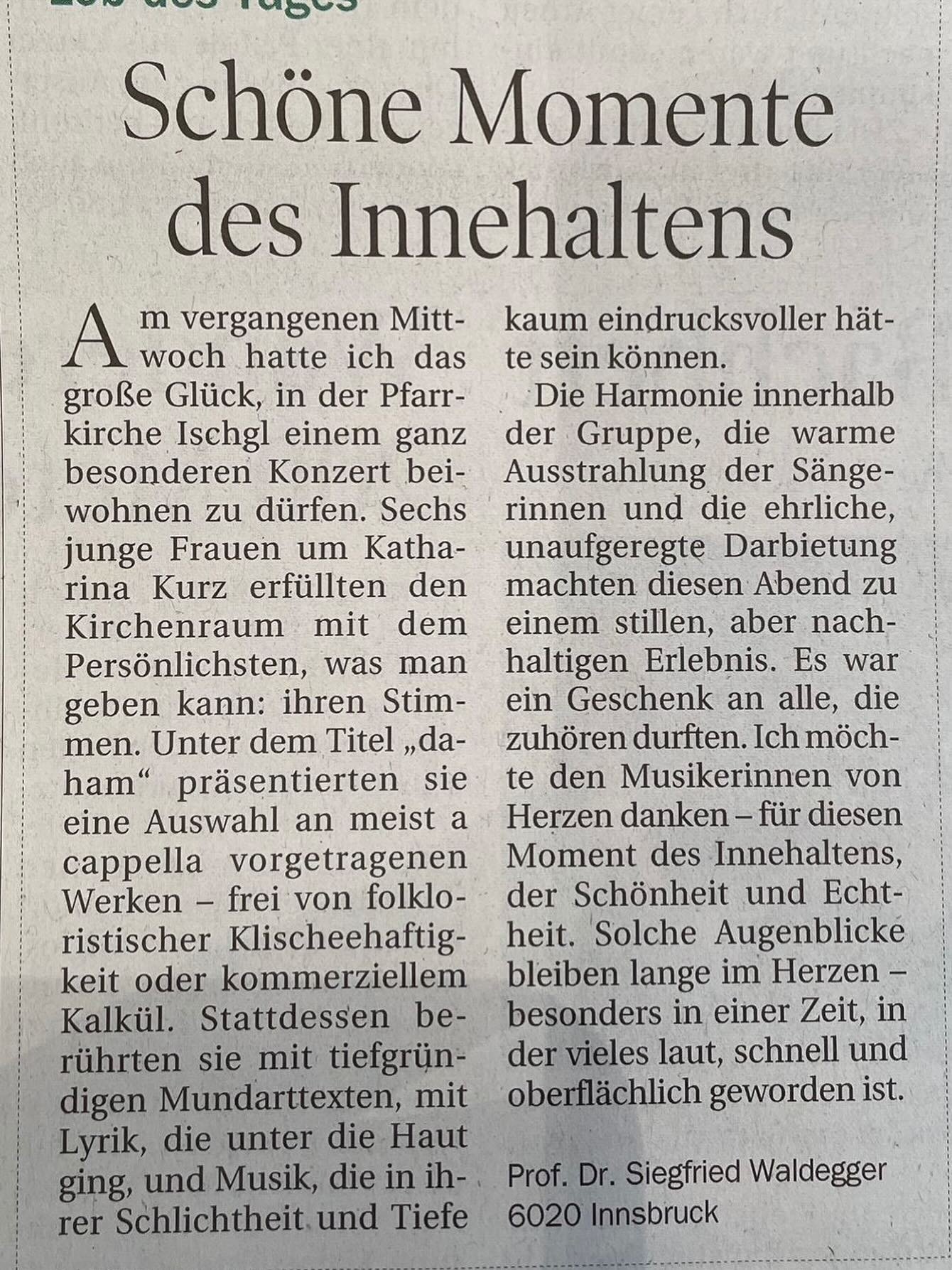 Ein wundersch&ouml;nes Lob wurde zu unserem Konzert in der #tirolertageszeitung gedurckt! Unglaublich wie sich die Konzerte gestalten! Wir sind Dankbar f&uuml;r solch ein unterst&uuml;tzendes Publikum und freuen uns auf viele weitere sch&ouml;ne Mome