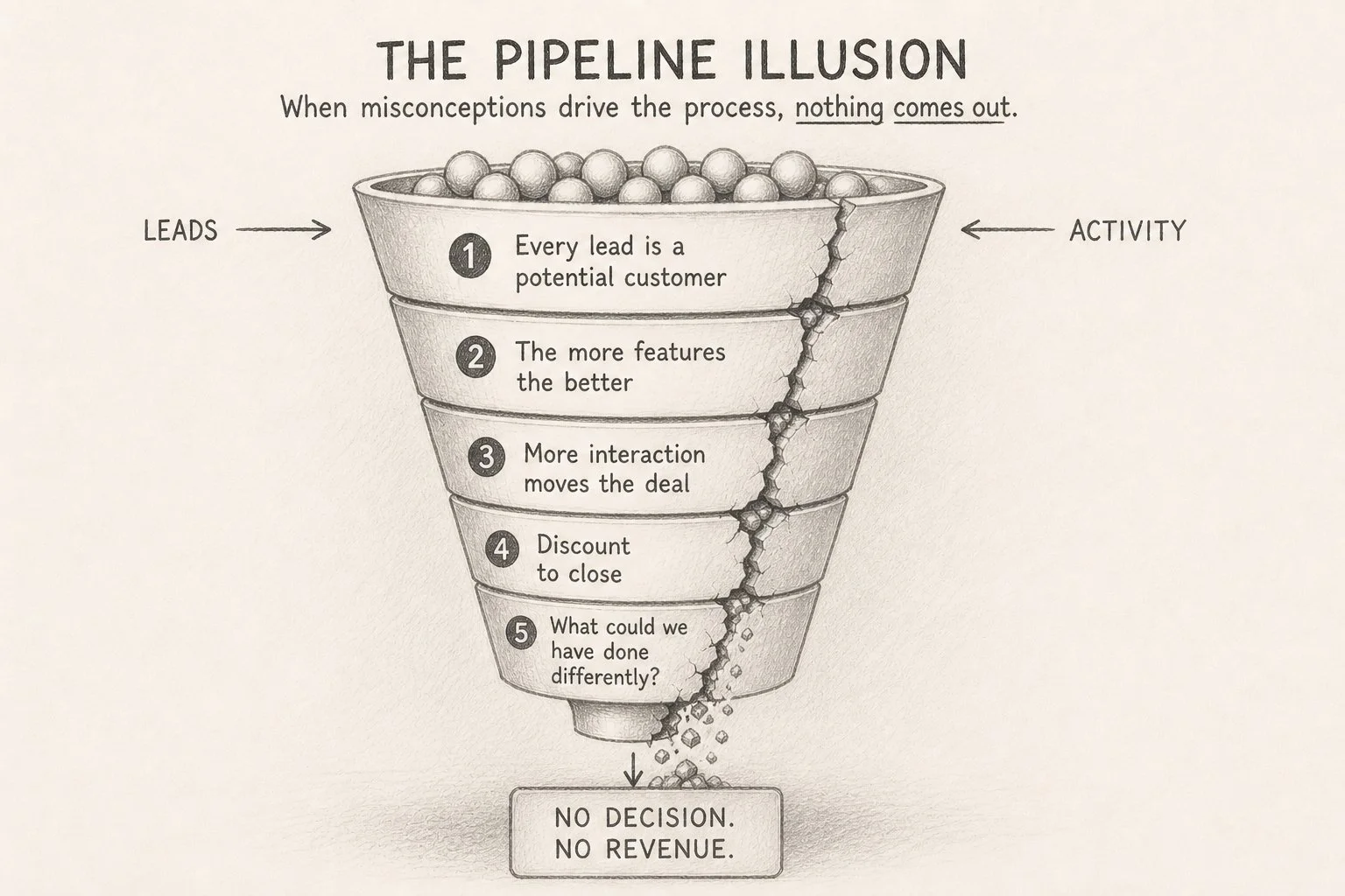 Illustration of a funnel labeled 'The Pipeline Illusion' showing a process from leads to activity, with explanations for each stage, ending in a box that says 'No Decision. No Revenue.' The stages include potential customer, features, interaction, discount, and reflection.