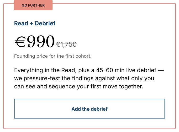 Pricing details for a Read and Debrief service, showing a discounted price of €990, down from €1,750, with a description of the service offered.