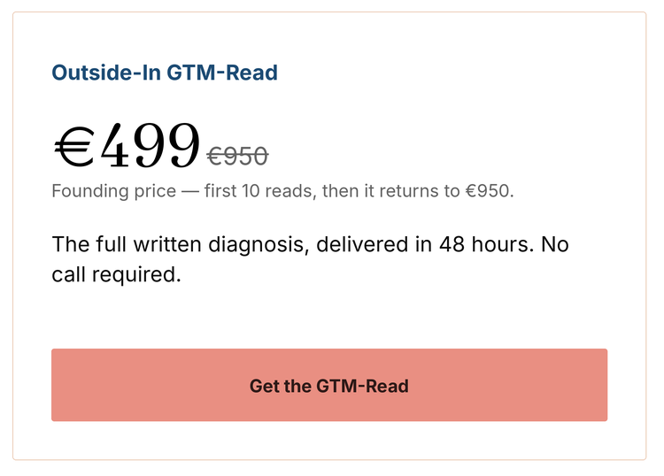 Pricing for outside-in GTM-read service, discounted from €950 to €499, includes full written diagnosis delivered in 48 hours, no call required. Button to get the GTM-Read.