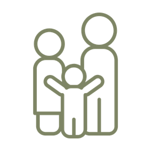 Line drawing of a family with two adults and one child, with the child holding both adults.