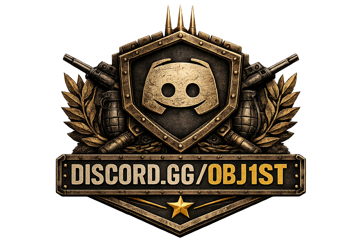 Gold and black emblem with a shield, crossed guns, and a smiling emoticon face, promoting a Discord link.