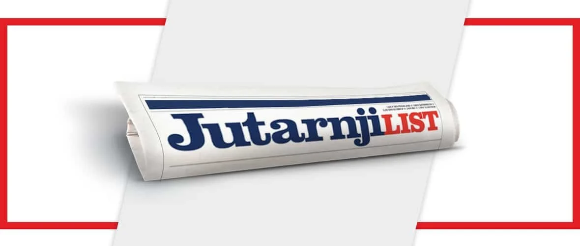 A rolled-up newspaper with the headline "Jutarnji List" in large blue and red letters on a white background.