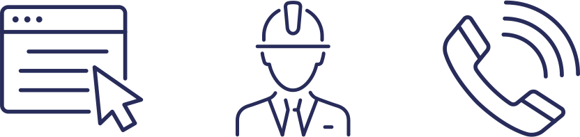 Line drawing of a web browser window with a cursor, a person wearing a hard hat in the center, and a telephone receiver on the right.