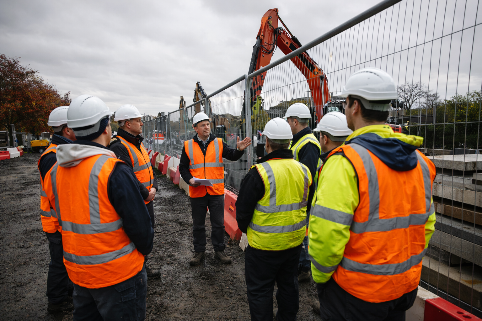 A group of construction workers and a supervisor wearing safety vests and helmets having a discussion at a construction site with heavy machinery and a temporary fence.
