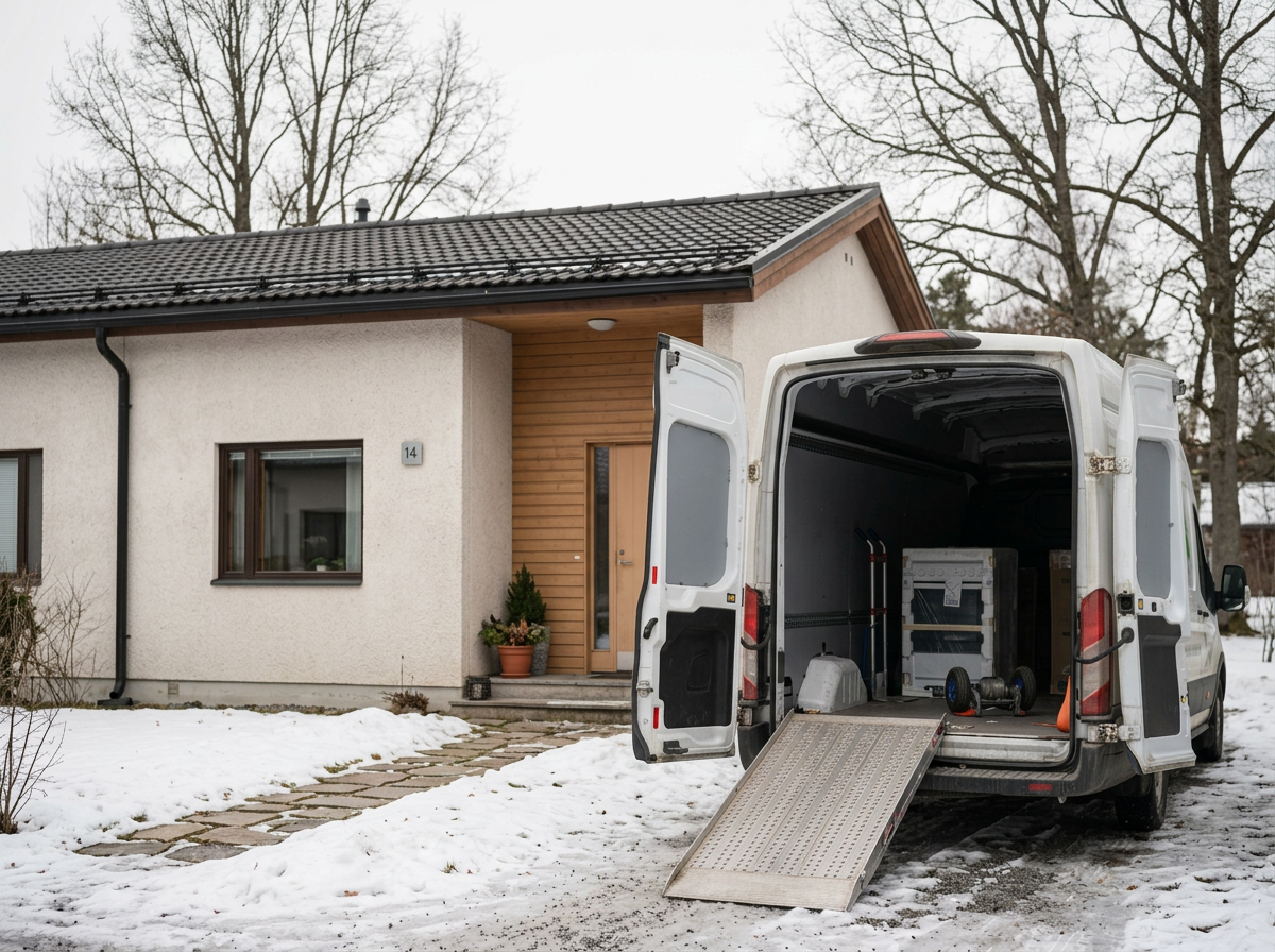 Ein Haus mit einer schneebedeckten Einfahrt, vor dem Haus steht ein Transportbus mit offener Rückseite, wo ein neu verpackter Kühlschrank zu sehen ist mit ausgefahrener Rampe.