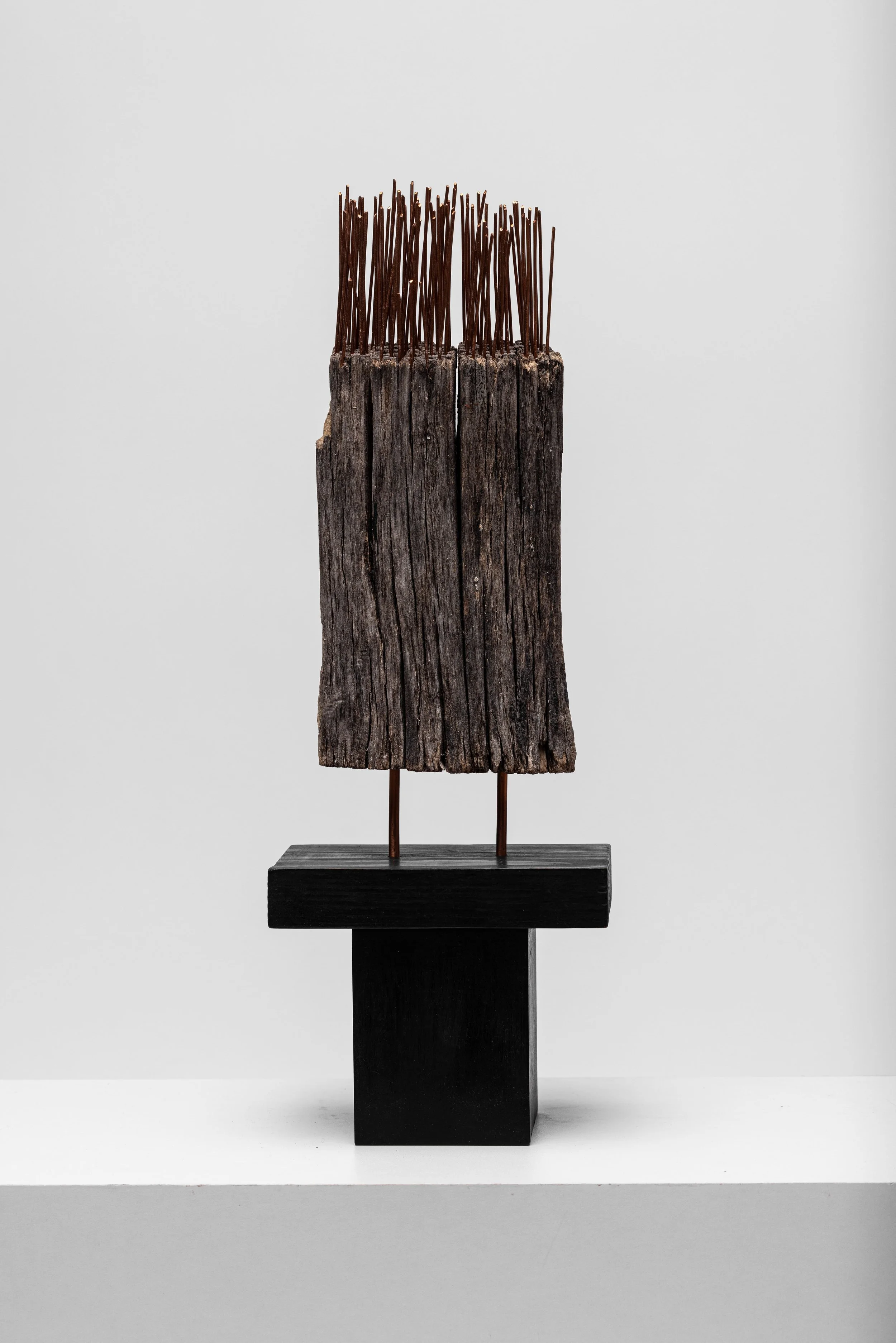 Kopf, 2024, 54,5 x 19 x 12,7 cm, Holz natur, schwarz, bemalt, Kupferdrath