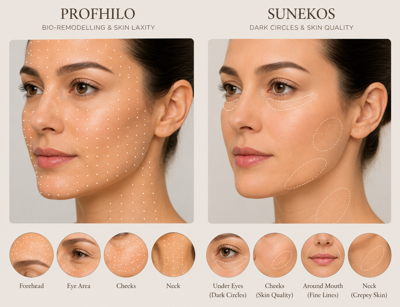 Diagram of a woman's face showing skin treatment areas with labels: 'PROFHILO' for bio-remodeling and skin laxity, and 'SUNEKOS' for dark circles and skin quality. Smaller circles highlight specific areas like forehead, eye area, cheeks, neck, under eyes, around mouth, and other regions.