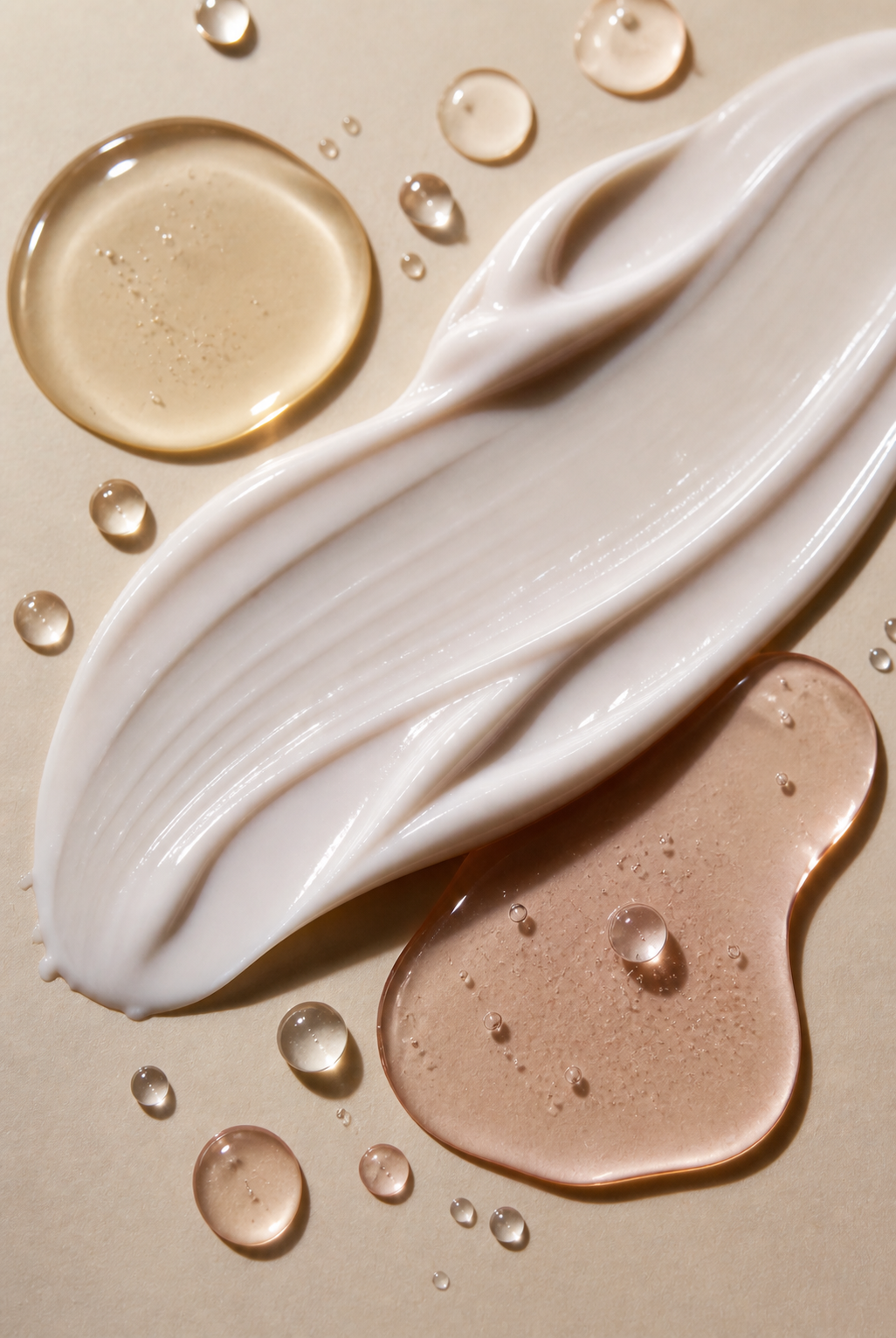 Close-up of various skincare or cosmetic product swatches and droplets on a beige background.