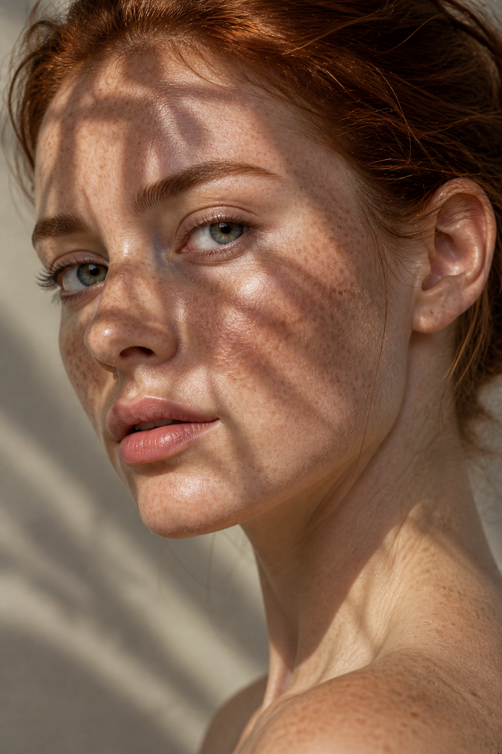 A close-up of a woman's face with freckles and red hair, with sunlight casting shadows on her face.