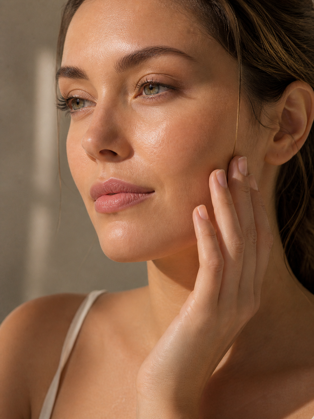 Close-up of a woman with clear skin, touching her face gently with one hand, in natural lighting.