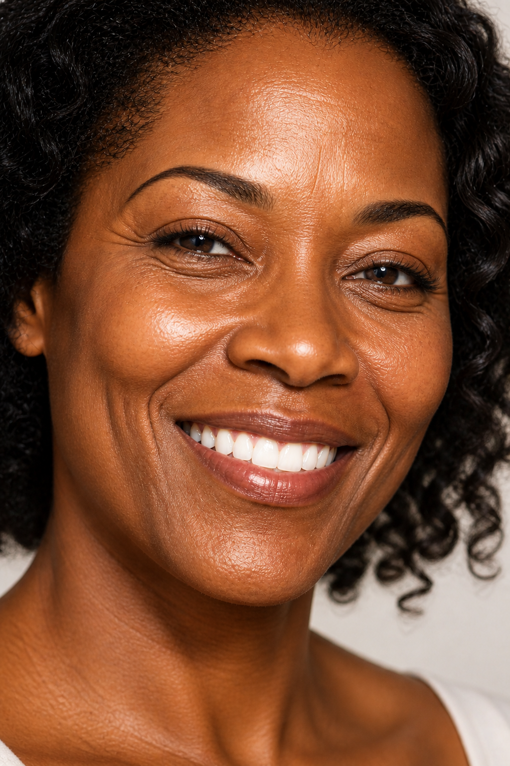 Close-up of a smiling Black woman with curly hair, showing her teeth and radiant skin.