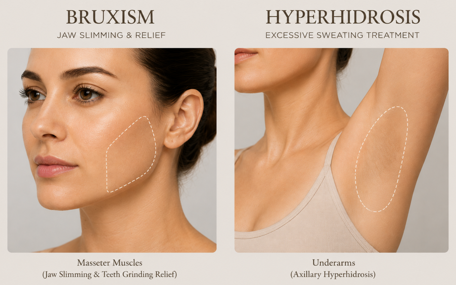 Comparison of two treatments: on the left, a woman with highlighted jaw area labeled 'Bruxism' with text 'Jaw Slimming & Relief', and on the right, a woman with highlighted underarm area labeled 'Hyperhidrosis' with text 'Excessive Sweating Treatment'.