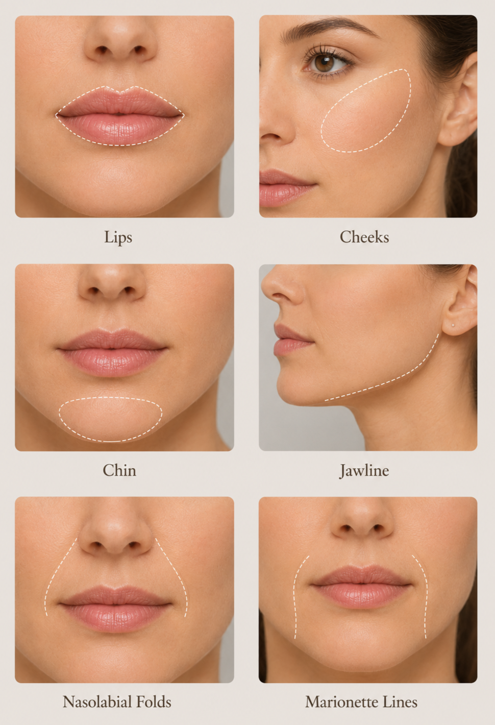 A diagram showing six different areas of the face with dotted lines indicating common cosmetic or dermatological treatment zones: Lips, Cheeks, Chin, Jawline, Nasolabial Folds, Marionette Lines.
