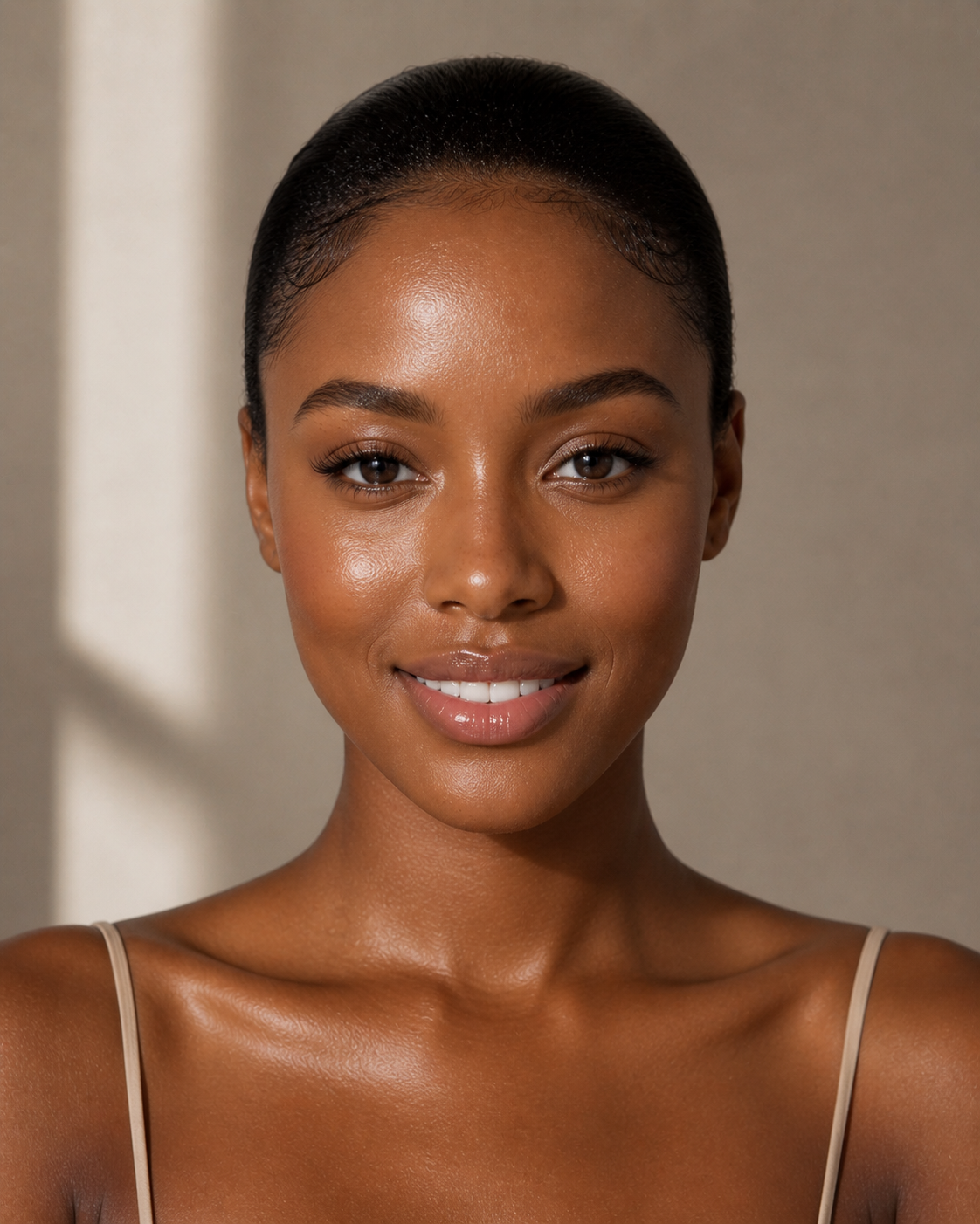 Close-up of a young woman with a smooth complexion, dark hair pulled back, smiling softly, wearing a beige spaghetti strap top.
