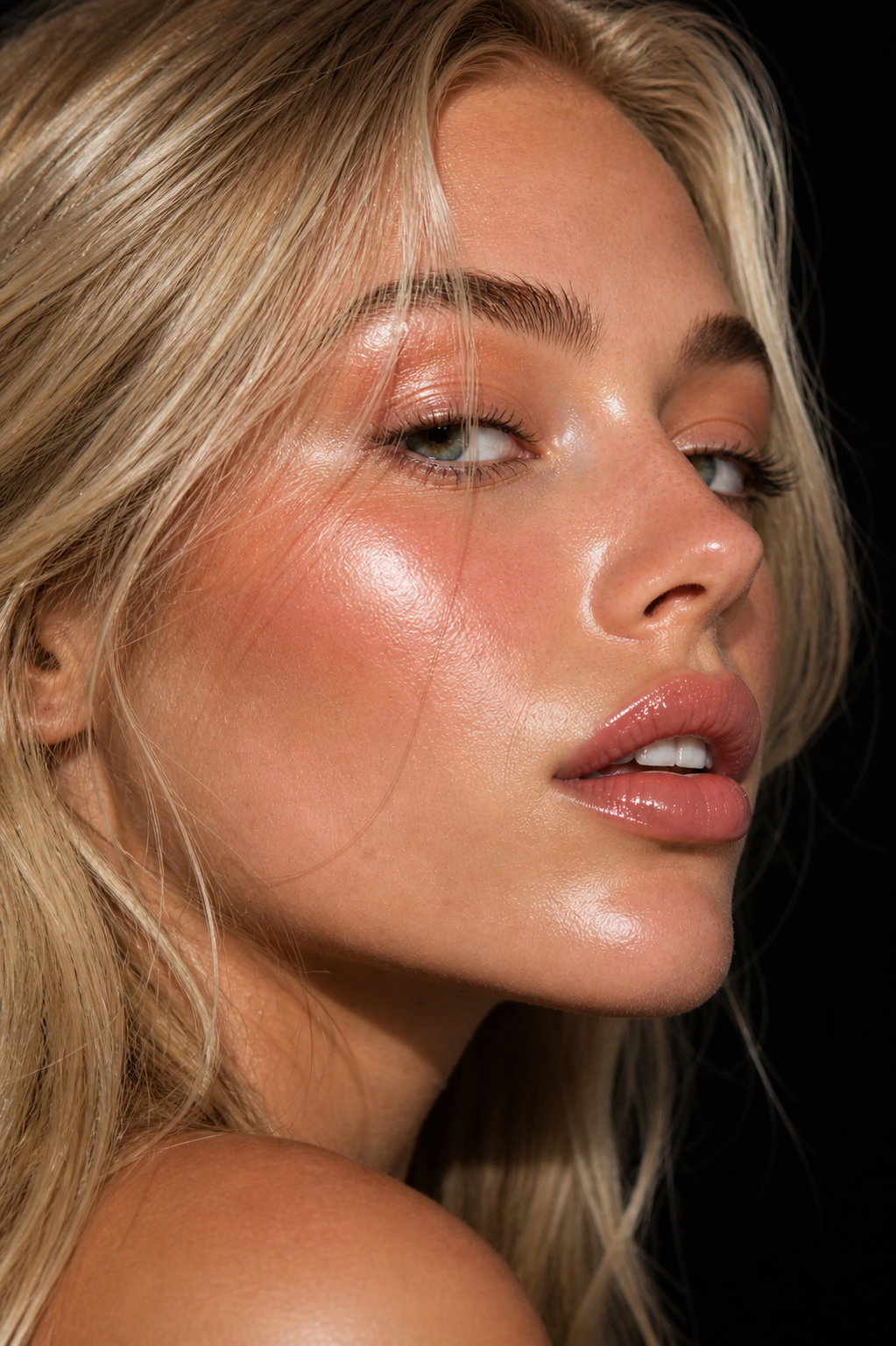 Close-up of a woman's face with blonde hair, glowing skin, natural makeup, and slightly parted lips against a dark background.