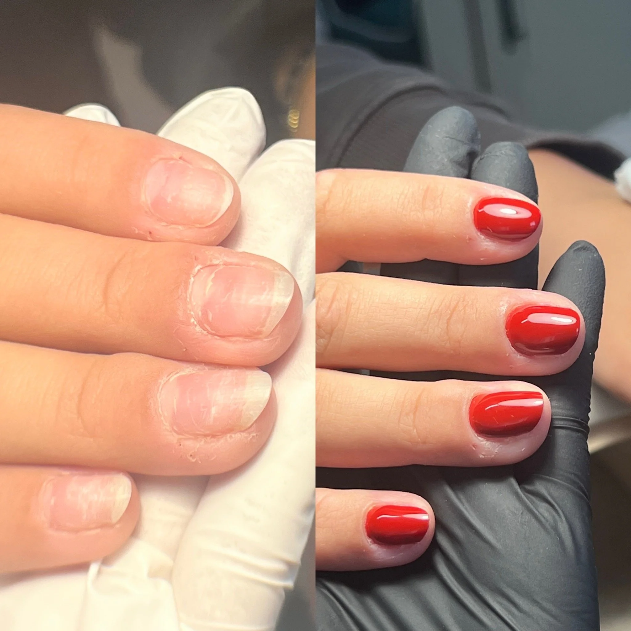 Comparison of nails before and after gel manicure. The left side shows natural, unpolished nails with some peeling and ridges. The right side shows freshly painted, glossy red gel nails with a smooth finish.