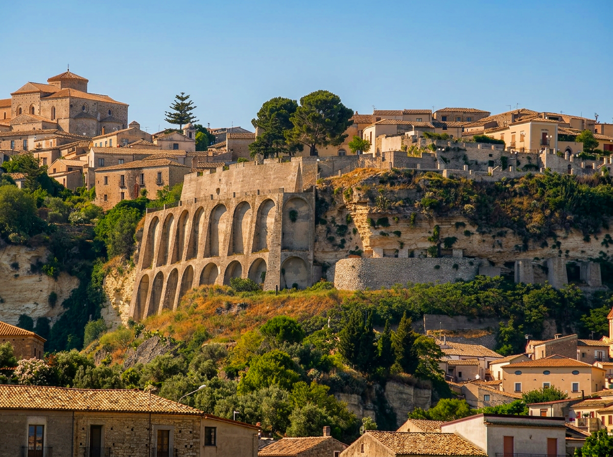 Panoramic view of the historic hilltop town of Gerace in Calabria, Italy