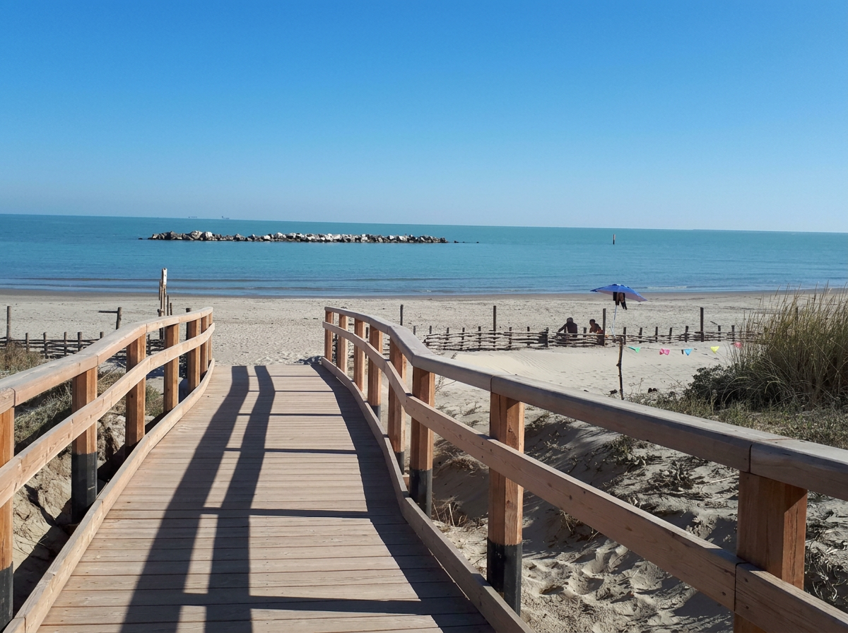 Wooden walkway leading to the sandy beach at Casalborsetti on the Emilia-Romagna coast