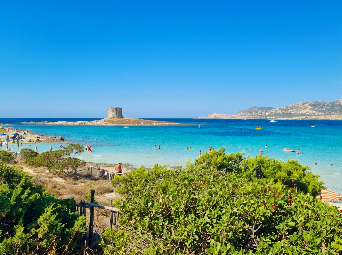 La Pelosa Beach in Sardinia with shallow turquoise water, swimmers and the historic Torre della Pelosa in the background
