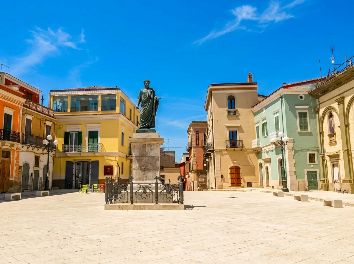 The historic square and monument in Venosa, Basilicata.