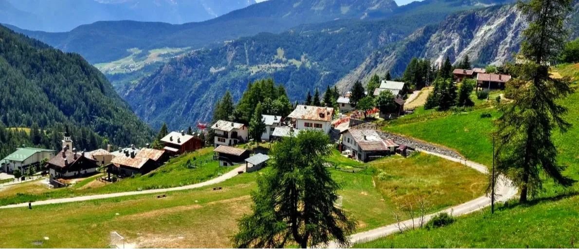 Car-free Alpine village of Chamois surrounded by mountains in Valle d’Aosta, Italy