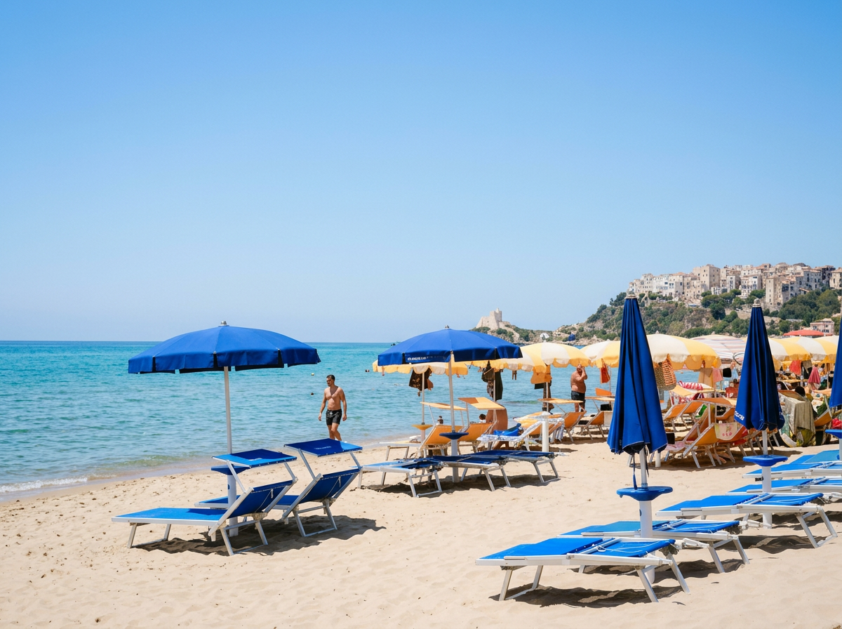 Sperlonga Beach with golden sand, colourful beach umbrellas and the whitewashed hilltop village of Sperlonga in Lazio, Italy