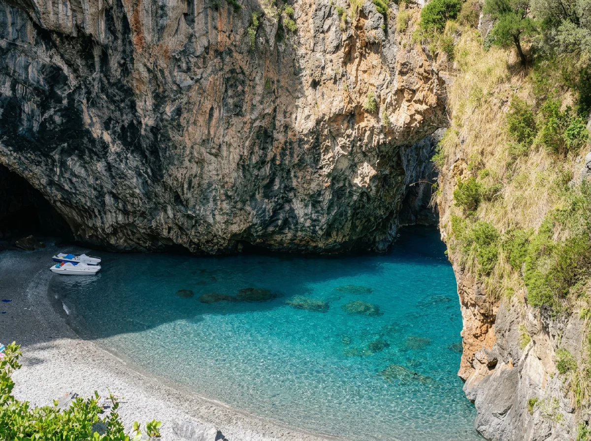 Spiaggia dell’Arcomagno beach and natural rock arch in Calabria, Italy