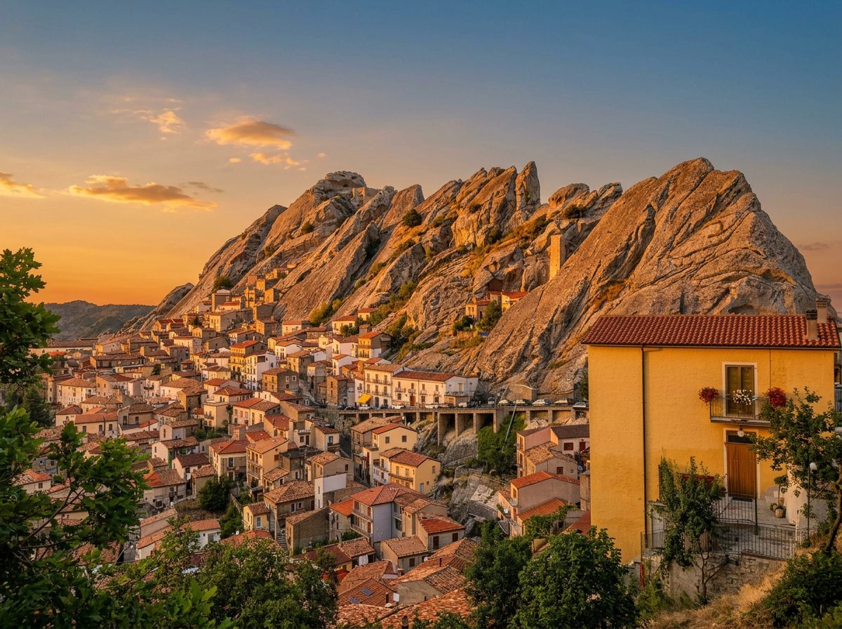 A hillside village beneath rocky peaks in Basilicata at sunset.