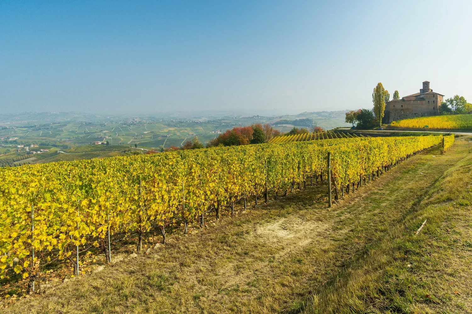 Vineyard-covered hills and a historic stone building in Piemonte, Italy