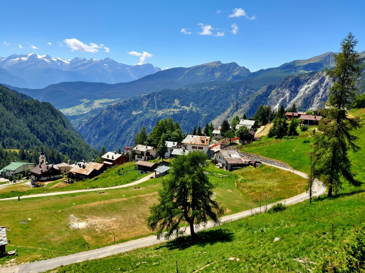 Chamois houses on green hills beneath the mountains of Aosta Valley.