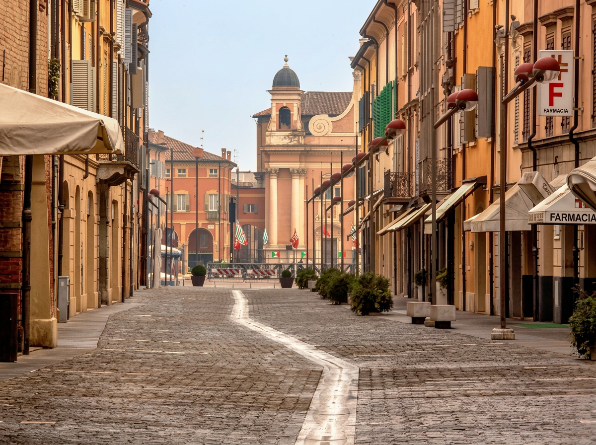 Historic street and porticoes in Bologna, Emilia-Romagna