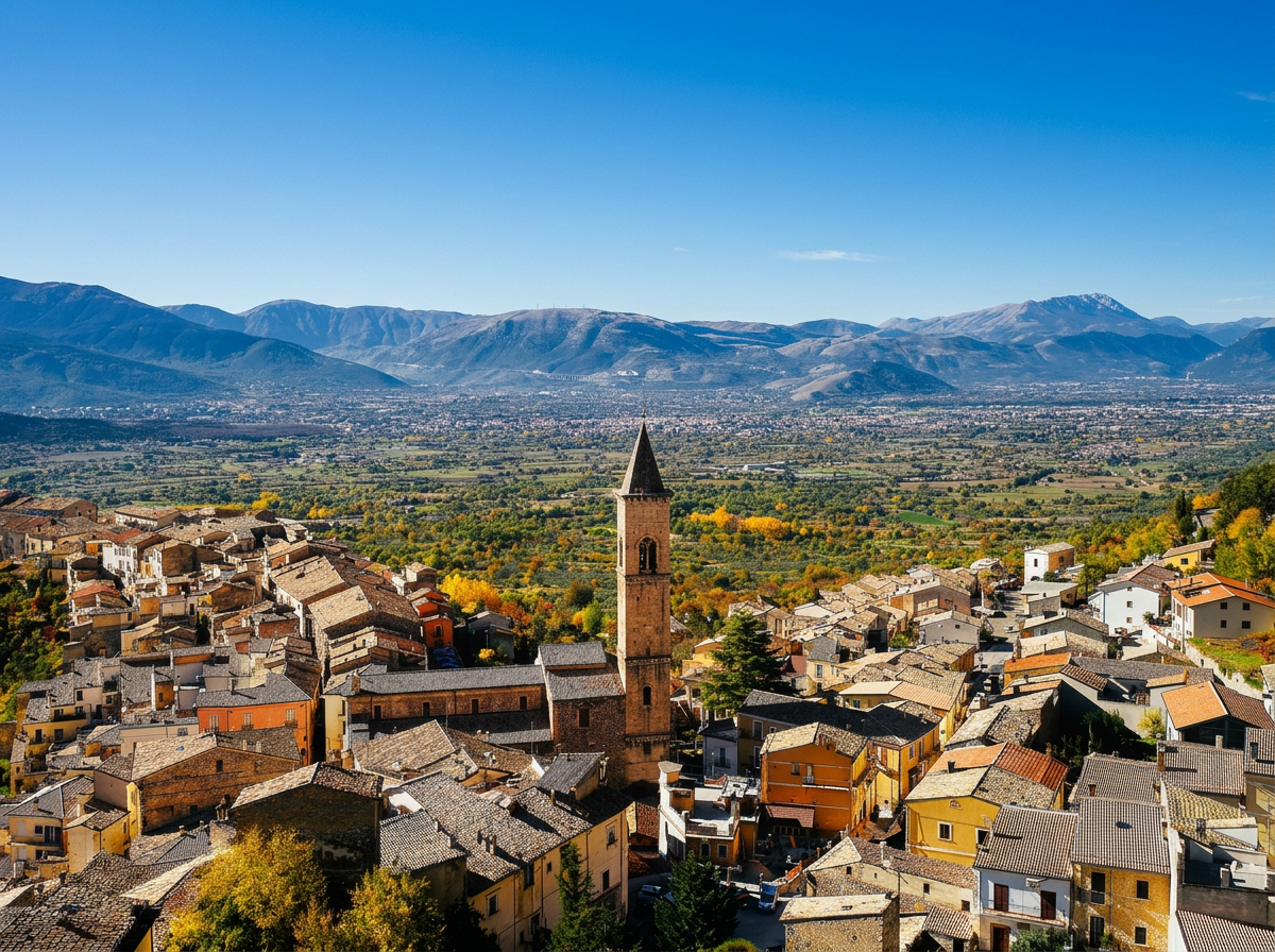 Pacentro and its church tower beneath the mountains of Abruzzo.