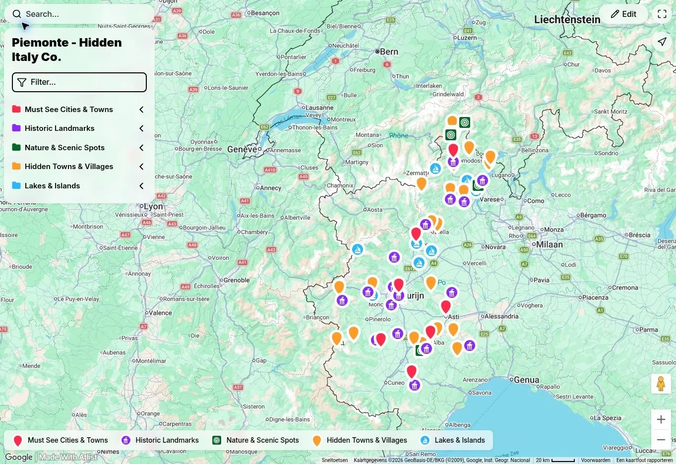 Interactive Piemonte travel map with 70 places, including Turin, the Langhe, lakes, villages and Sacri Monti