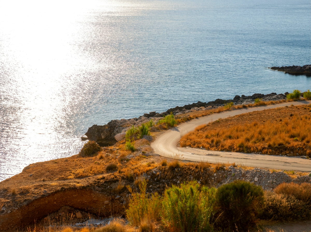 Winding coastal road overlooking the Mediterranean Sea and rugged landscape of Sicily, Italy