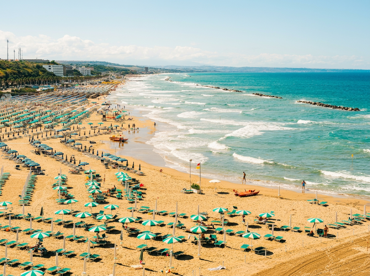 Sant’Antonio Beach in Termoli, Molise, with rows of parasols, sandy shoreline and Adriatic waves
